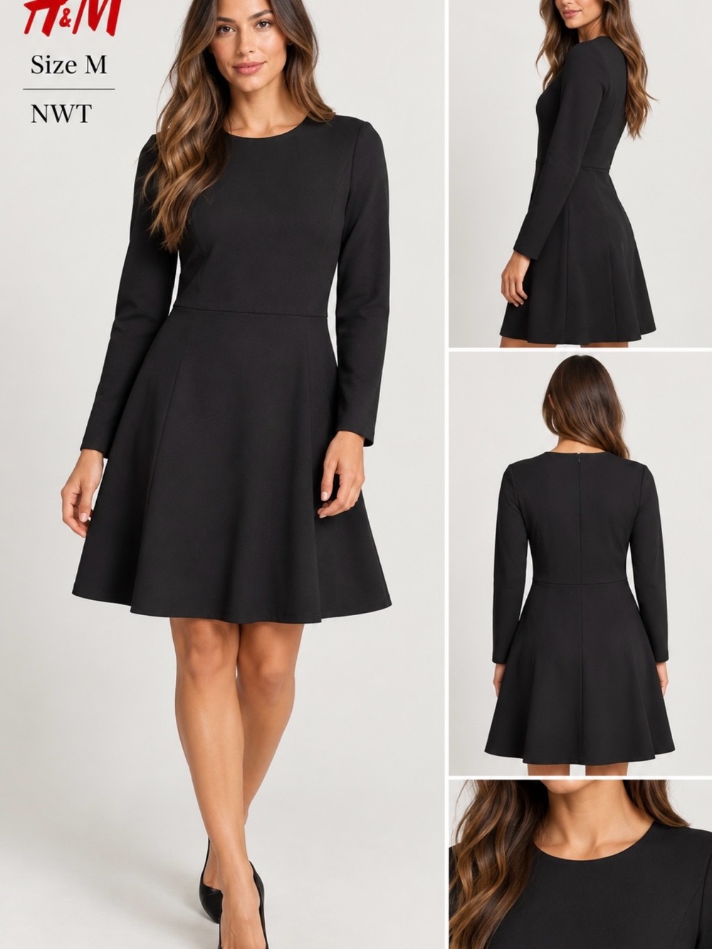 H&M SIZE : M Black Long-Sleeve Fit & Flare Dress ~ NWT